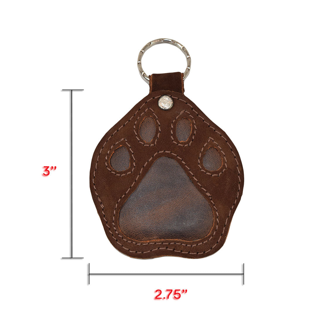 Image showing dimensions of the Hide & Drink Doggy Paw Keychain, measuring 2.75 inches by 3 inches. Featuring full grain leather, this charming keychain makes a wonderful gift for dog enthusiasts with tags like Small Batch Production, Artisan, and Hand Sewn, all made in La Antigua Guatemala & Oaxaca Mexico.