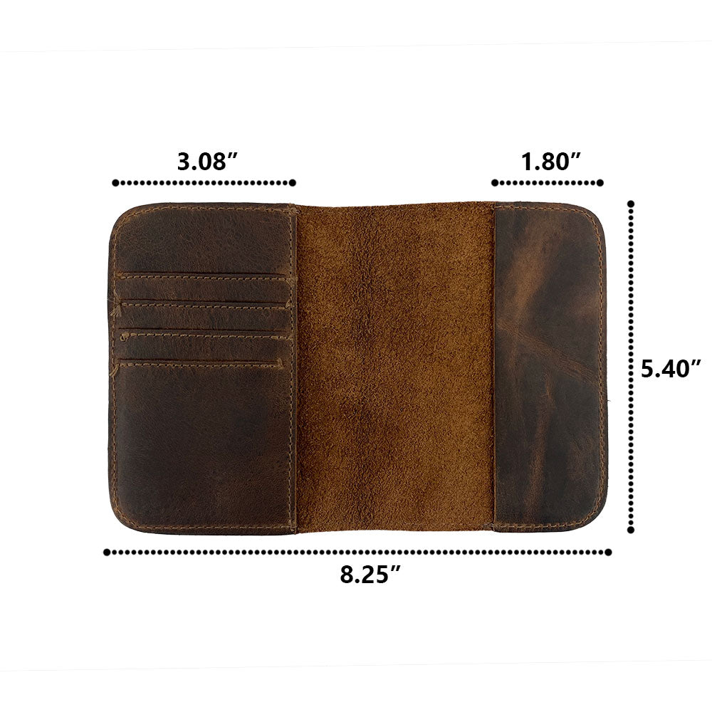 Detail shot of the Hide & Drink Travel Wallet dimensions, showing its compact size. This travel wallet is a multifunctional bifold passport case and money holder, artisan-made in La Antigua Guatemala from full grain leather.