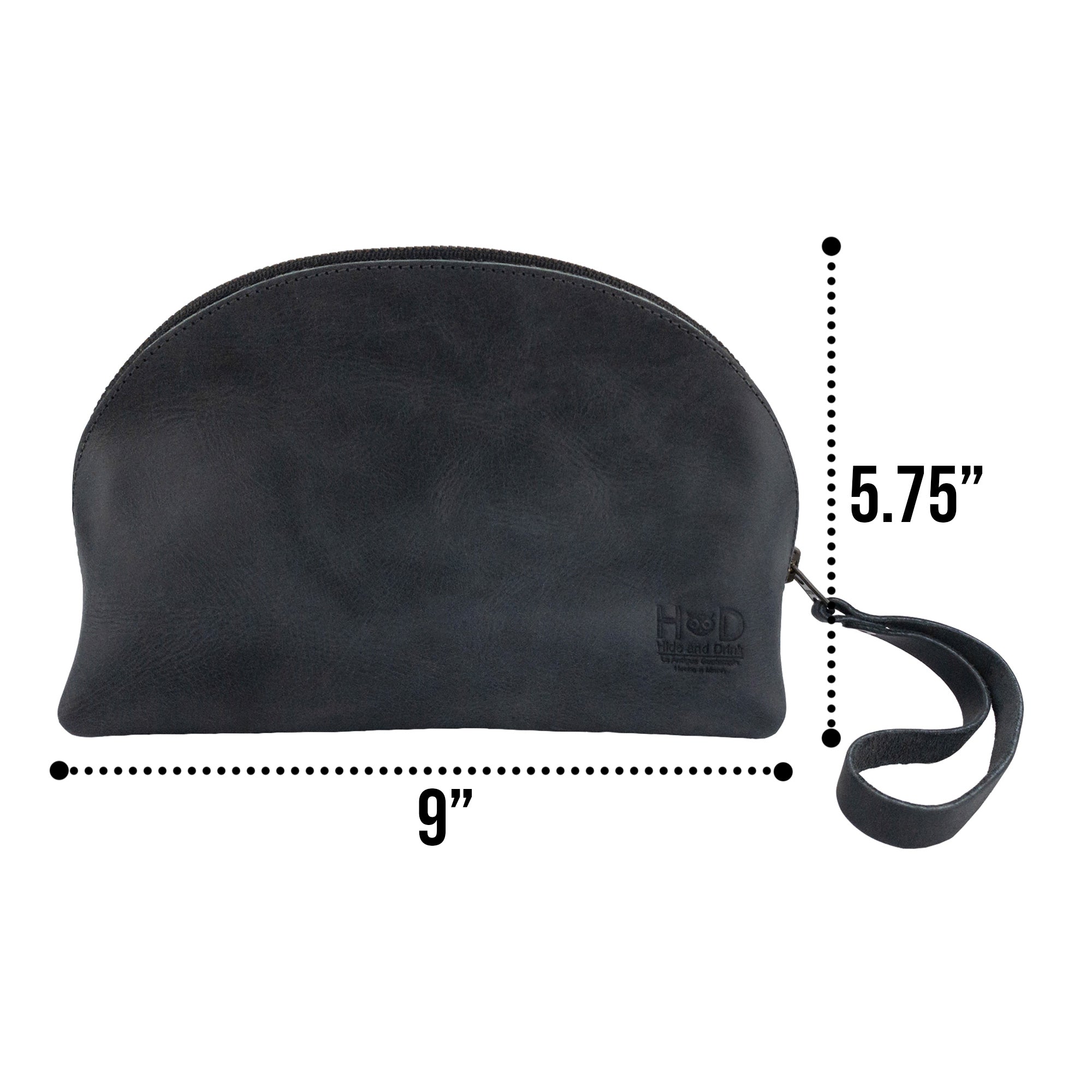 Dimensions and features of the Accessory Pouch Organizer Hand Bag by Hide & Drink, highlighting its functional design in black full grain leather. This Cosmetic Travel Organizer with Hand Strap for Women is also a reliable Makeup Bag and Classic Handbag, showcasing artisan quality from La Antigua Guatemala & Oaxaca Mexico.