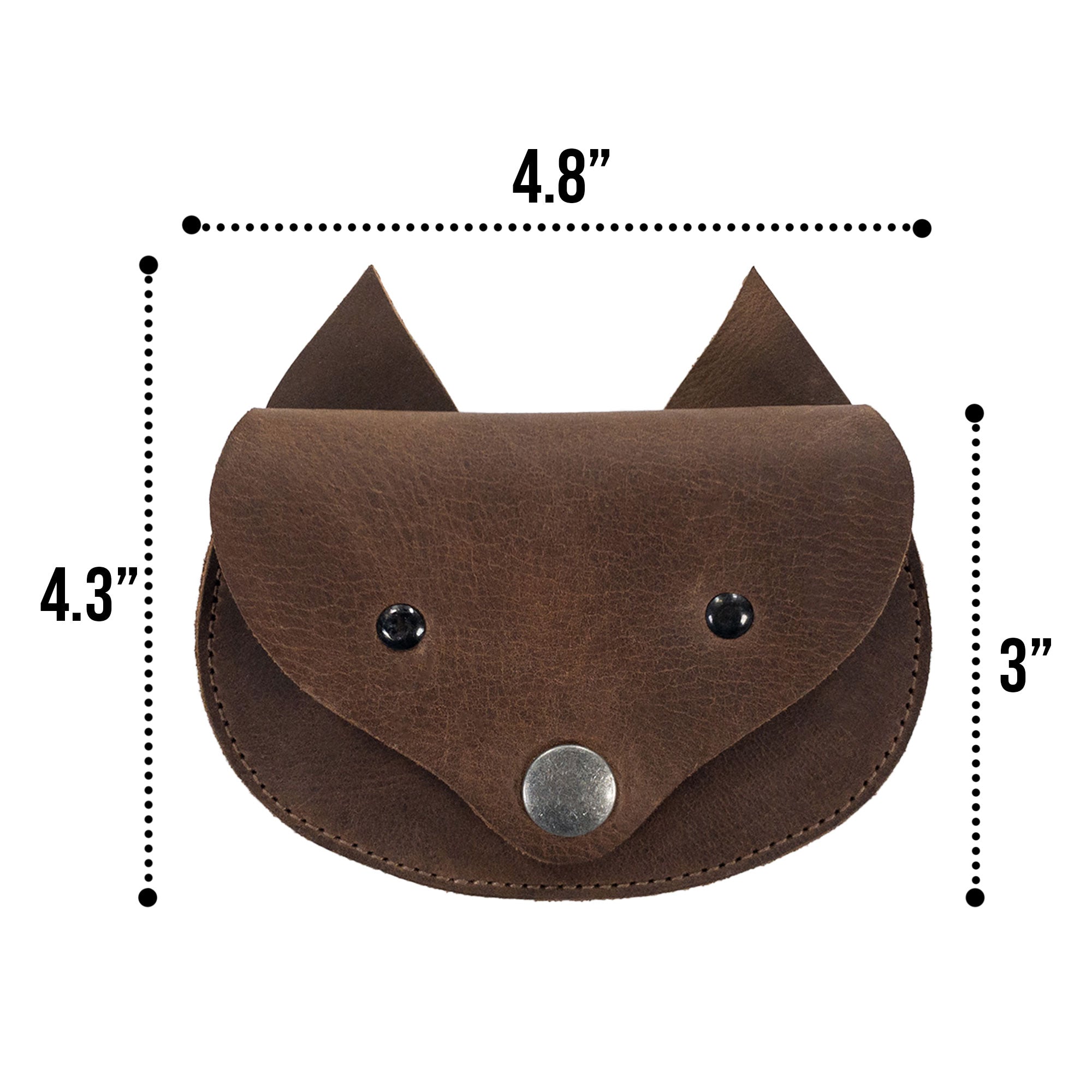 Dimensions illustration of the Foxy Head Shape Coin Pouch by Hide & Play, featuring its size and design. This small batch production piece made from Full Grain Leather is hand cut, hand sewn, and fire branded, emphasizing the artisan workmanship from La Antigua Guatemala & Oaxaca Mexico.