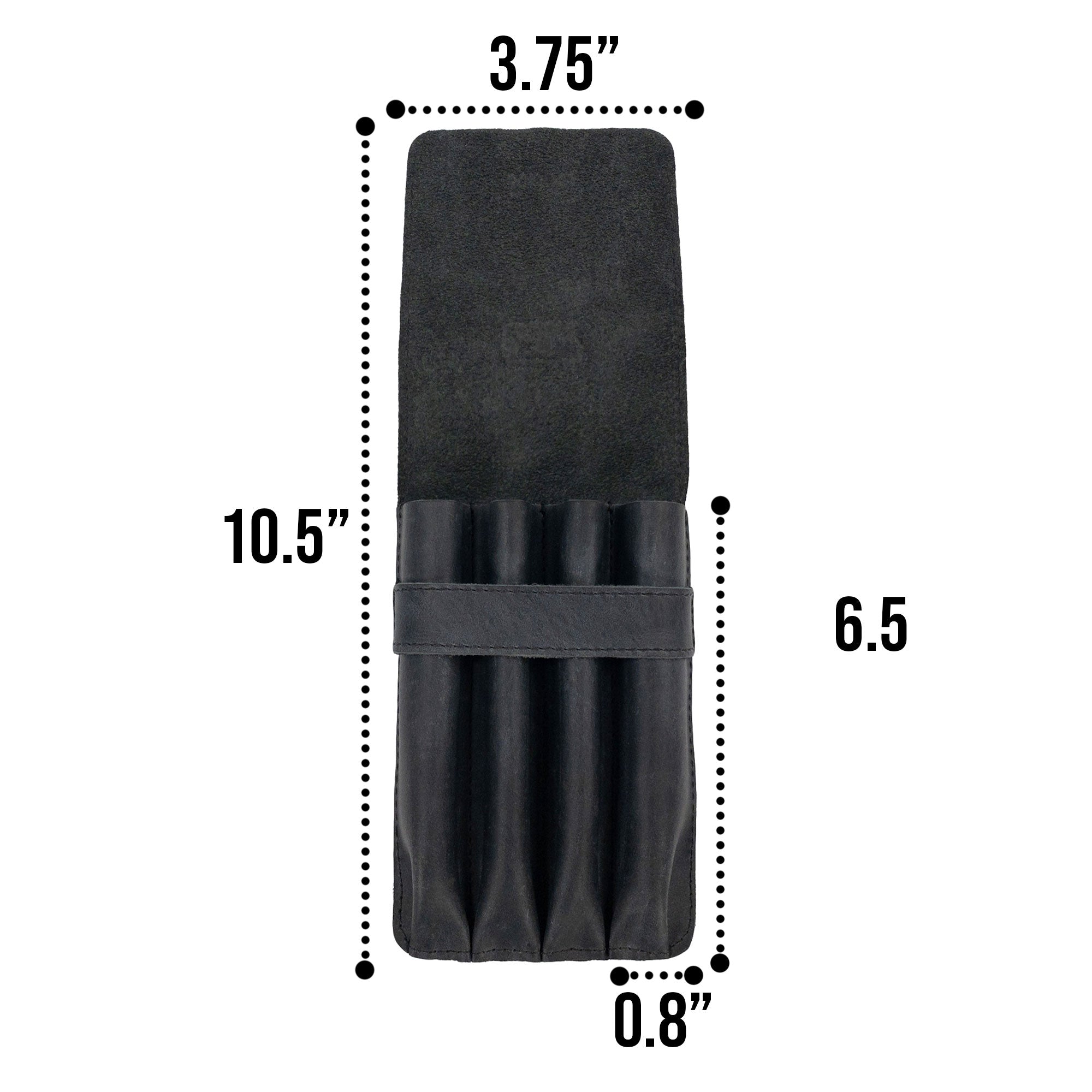 Dimensions of the Leather Worx 4-Pen Holder in black leather displayed to highlight its sleek and minimalist profile. This elegant pencil case represents artisan quality, small batch production, and features hand cut construction made in La Antigua Guatemala.