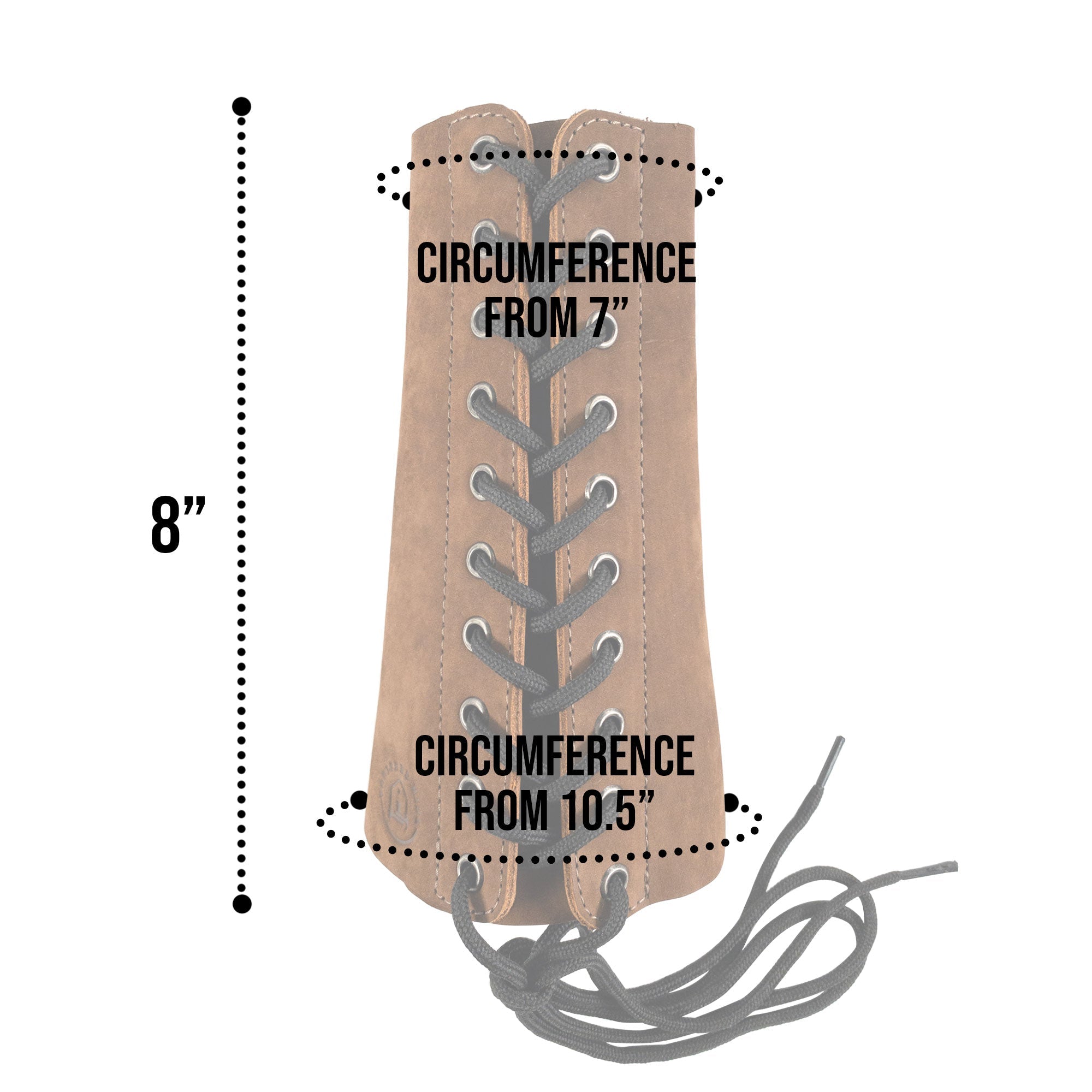 Measurement details of the Blacksmith Forearm Protector by Toolshed Hide, showcasing its dimensions. This protective gear made from full grain leather is hand cut and sewn, embodying artisan quality and heat resistance‚Äîan essential for any blacksmith.