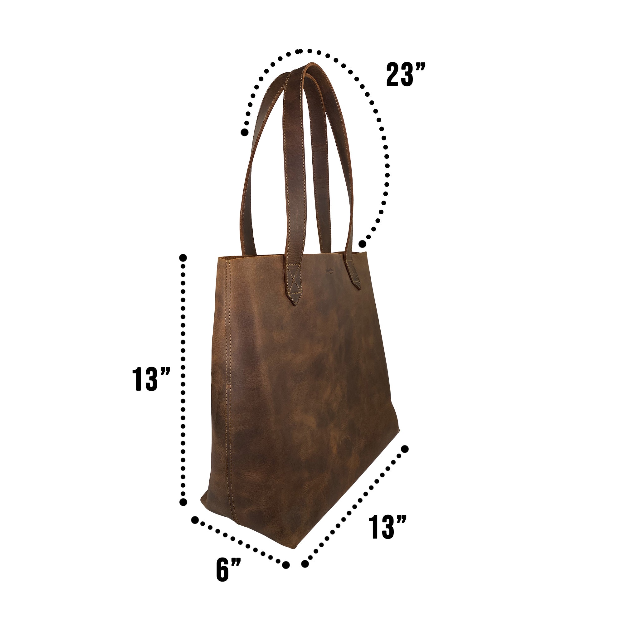 Heather's Classic Tote Bag with dimensions highlighted, illustrating its design as a spacious handbag made from high-quality full grain leather. This artisan-crafted piece is perfect for travel and shopping experiences.